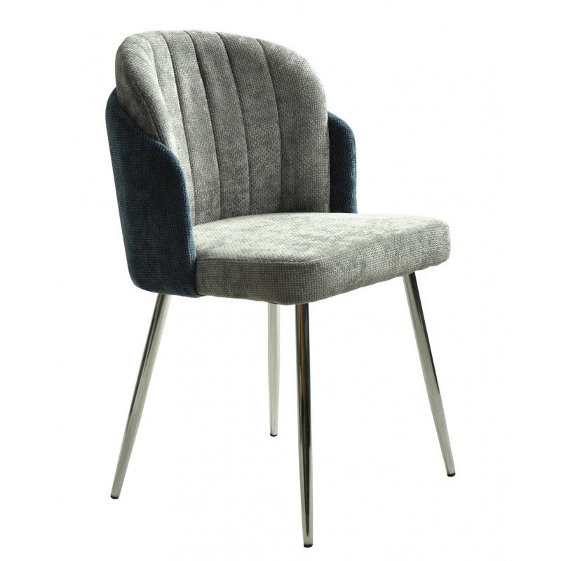 silla dresde cromada tapizada chenilla azul y gris claro