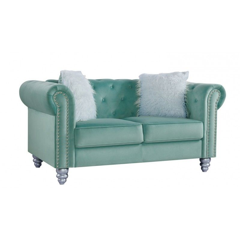sofa chester style 2 plazas tapizado velvet verde agua 58