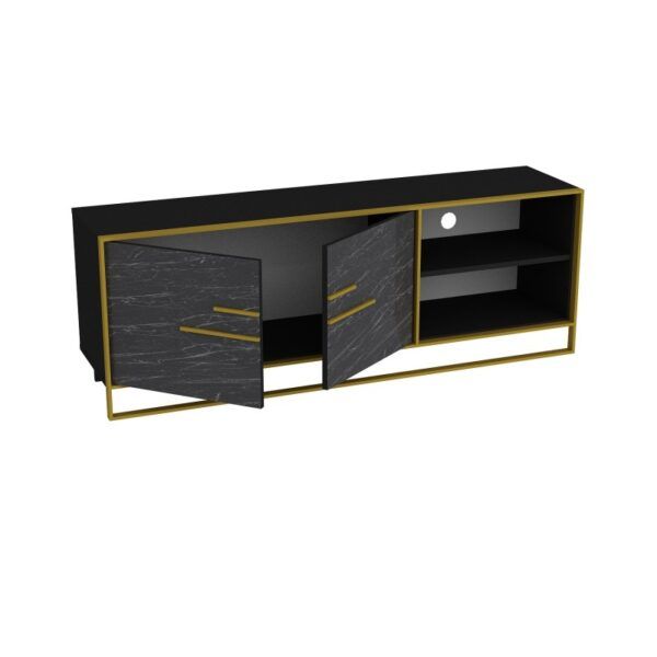 mueble de tv siena biiaminado marmol negro con metal dorado 160 cms