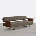 sofa cama de 3 plazas con reposabrazos de madera y tela new 70s