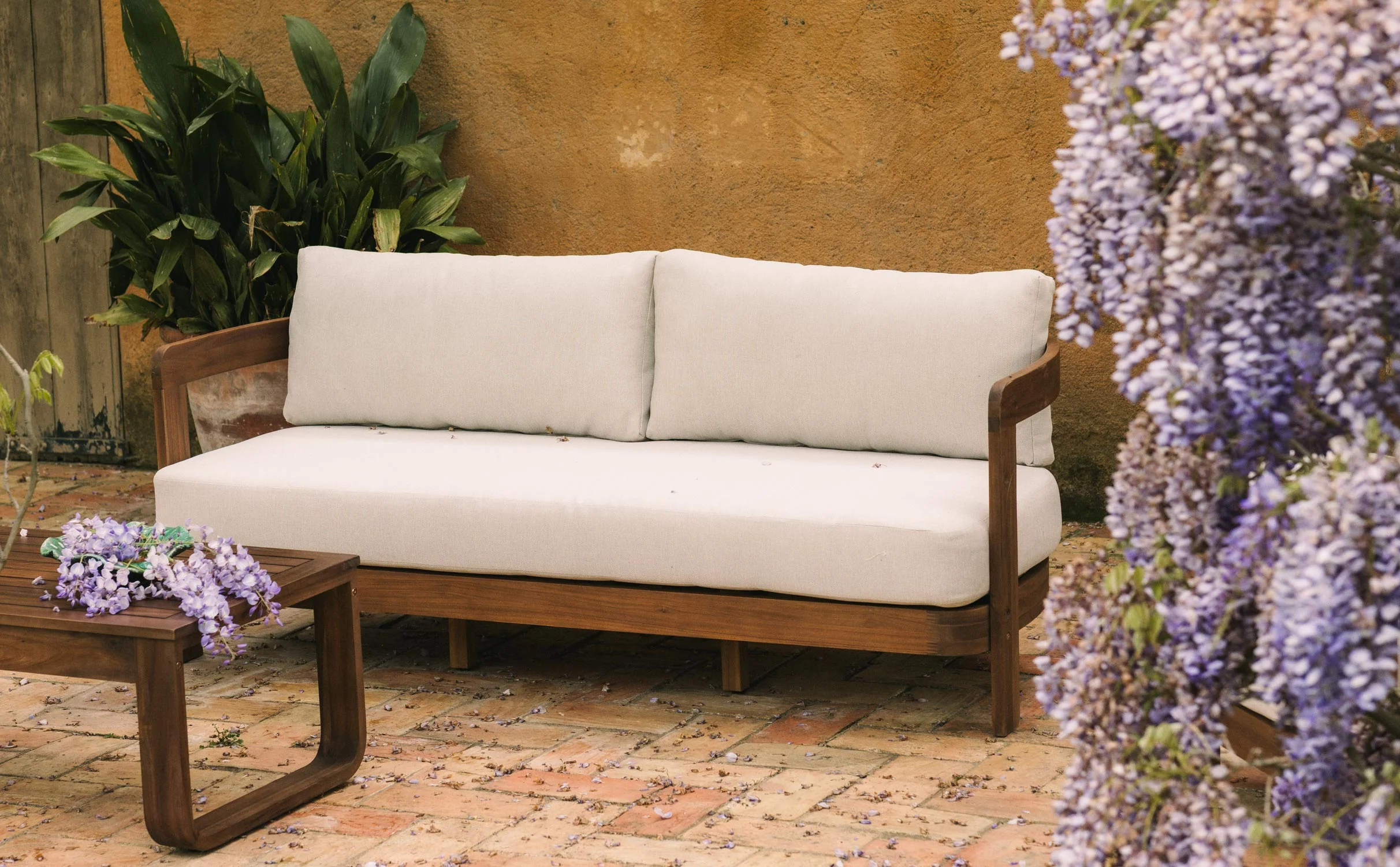 sofa 3 plazas de jardin de madera de acacia y tela moad