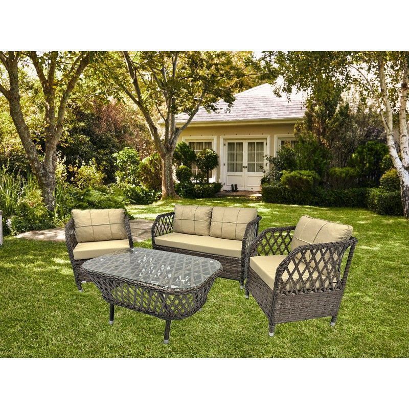 set marbella 2 sillones sofa 2 plazas mesa aluminio ratan chocolate cojines incluidos