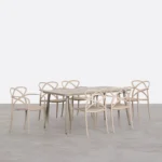 set de mesa rectangular de aluminio 160x90 cm cancun y 6 sillas de polipropileno con reposabrazos de exterior cielo