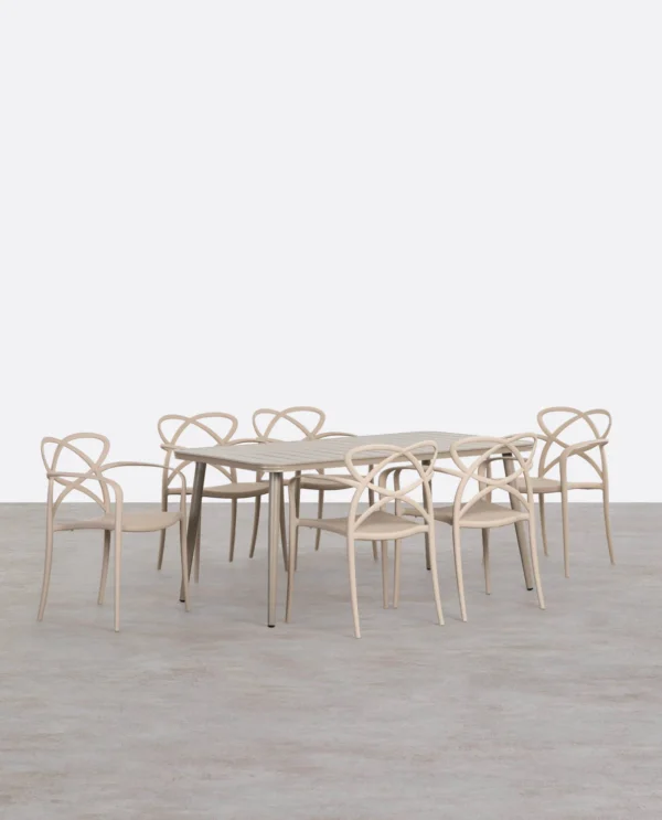 set de mesa rectangular de aluminio 160x90 cm cancun y 6 sillas de polipropileno con reposabrazos de exterior cielo