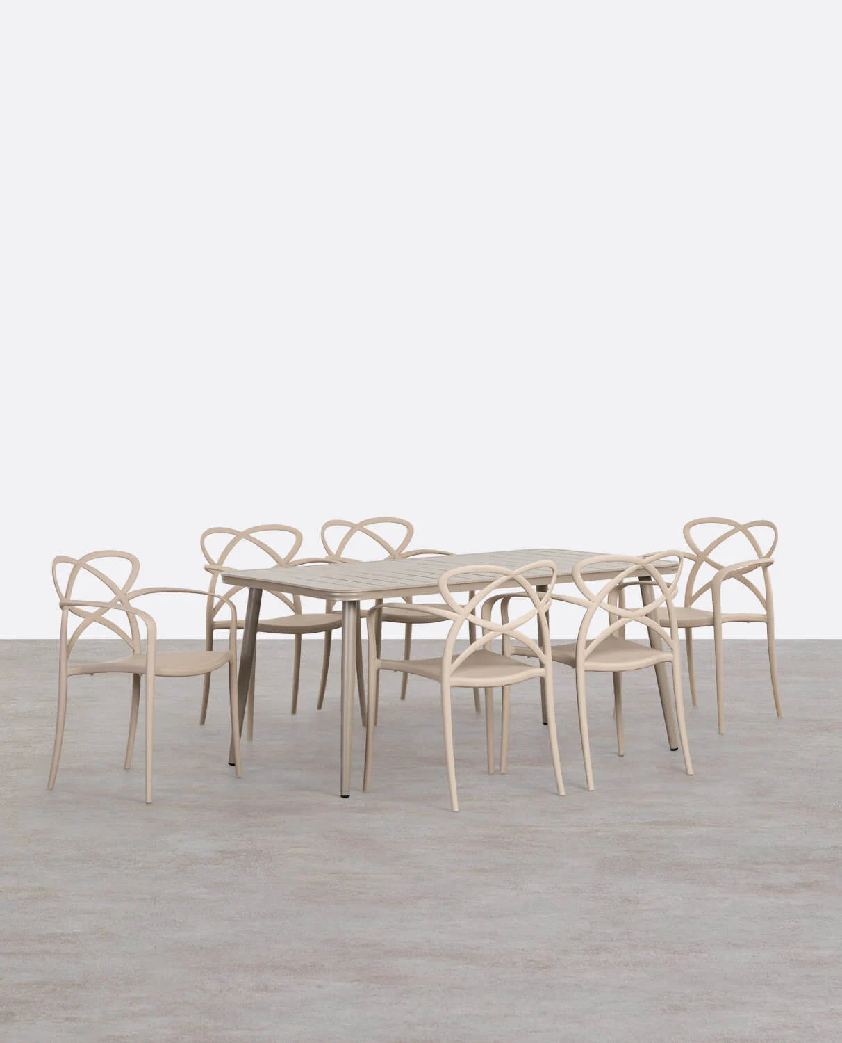 set de mesa rectangular de aluminio 160x90 cm cancun y 6 sillas de polipropileno con reposabrazos de exterior cielo