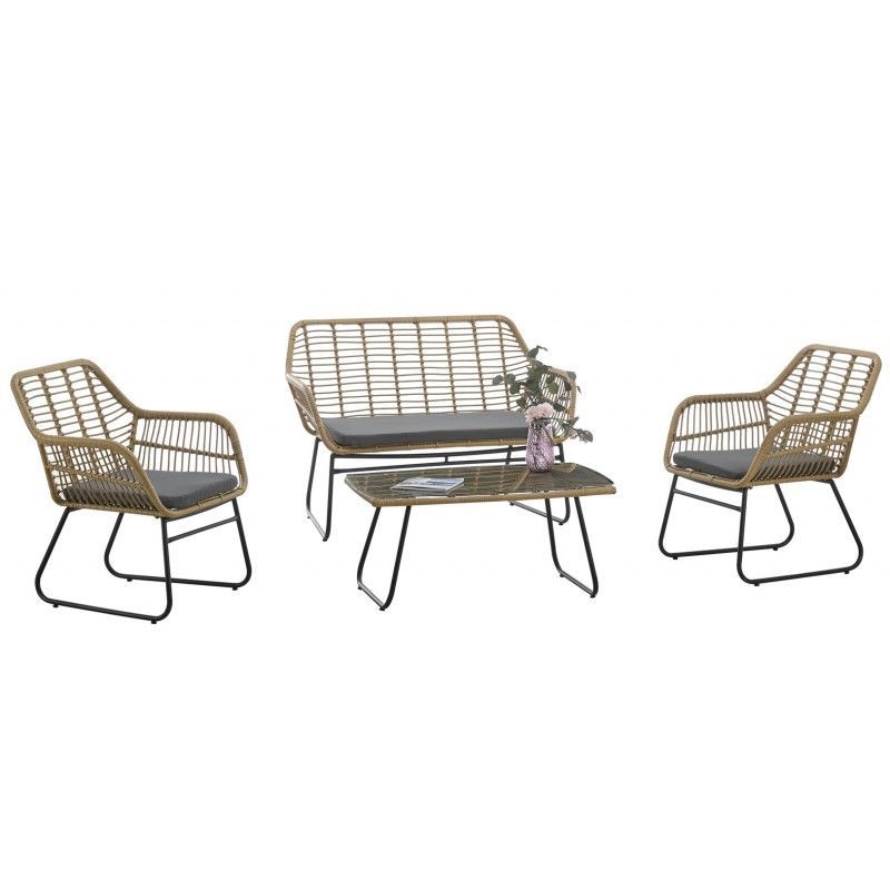 set kroya 2 sillones sofa 2 plazas mesa metal ratan beige cojines incluidos