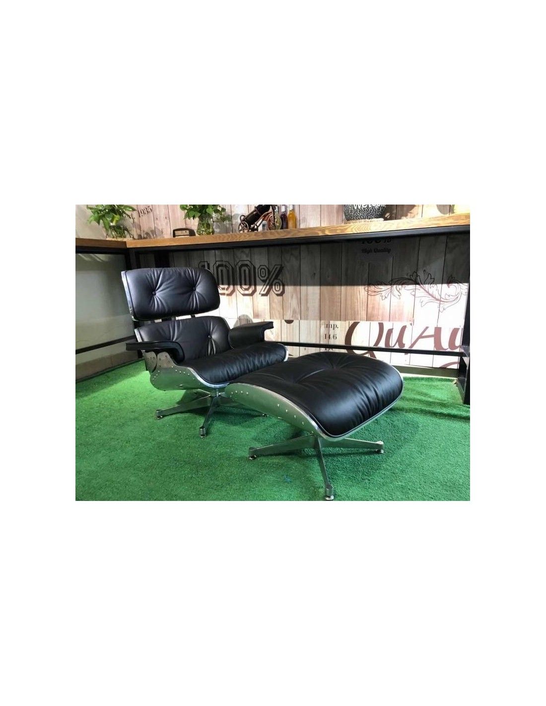 sillon lounge chair con ottoman piel negra aluminio base pulida (3)