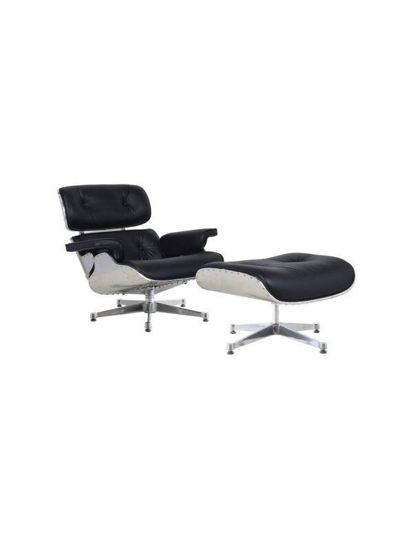 sillon lounge chair con ottoman piel negra aluminio base pulida