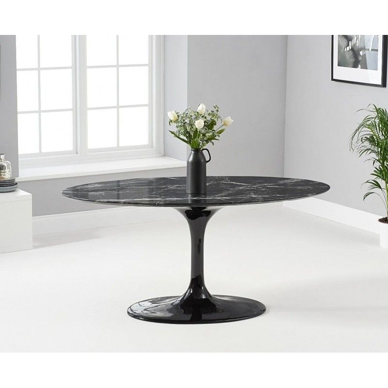 mesa tul oval fibra de vidrio marmol negro 160x90 cms